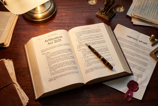 Open Arbitration Act 2025 statute book with sealed arbitral award — key reforms to English commercial arbitration law